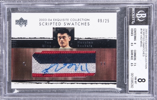 2003-04 UD "Exquisite Collection" Scripted Swatches #YM Yao Ming Signed Game Used Patch Card (#09/25) – BGS NM-MT 8/BGS 10 